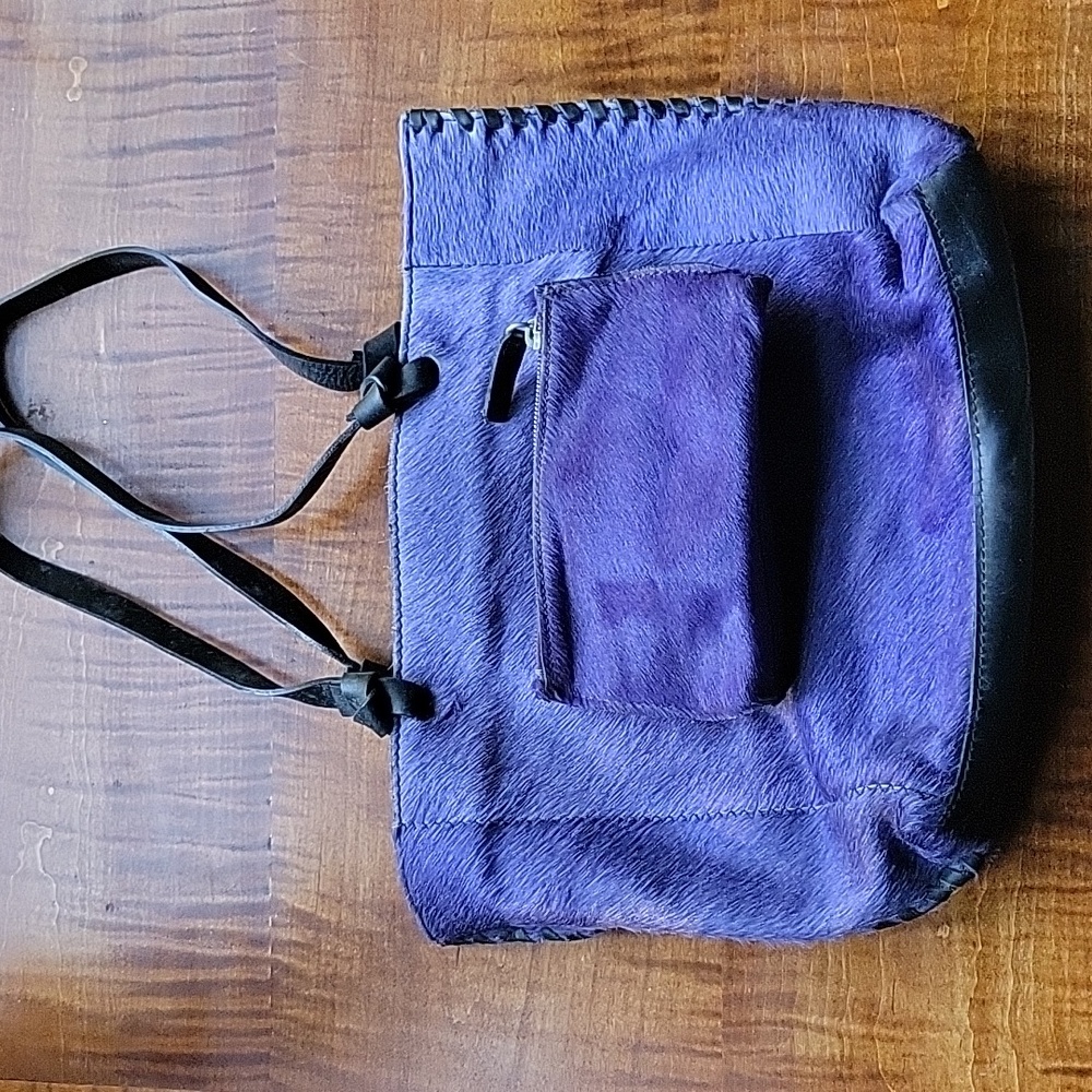 VTG HAROLD POWELL PURPLE CALF HAIR TOTE BAG SET ITALY Y2K WHIMSIGOTH PONY HAIR